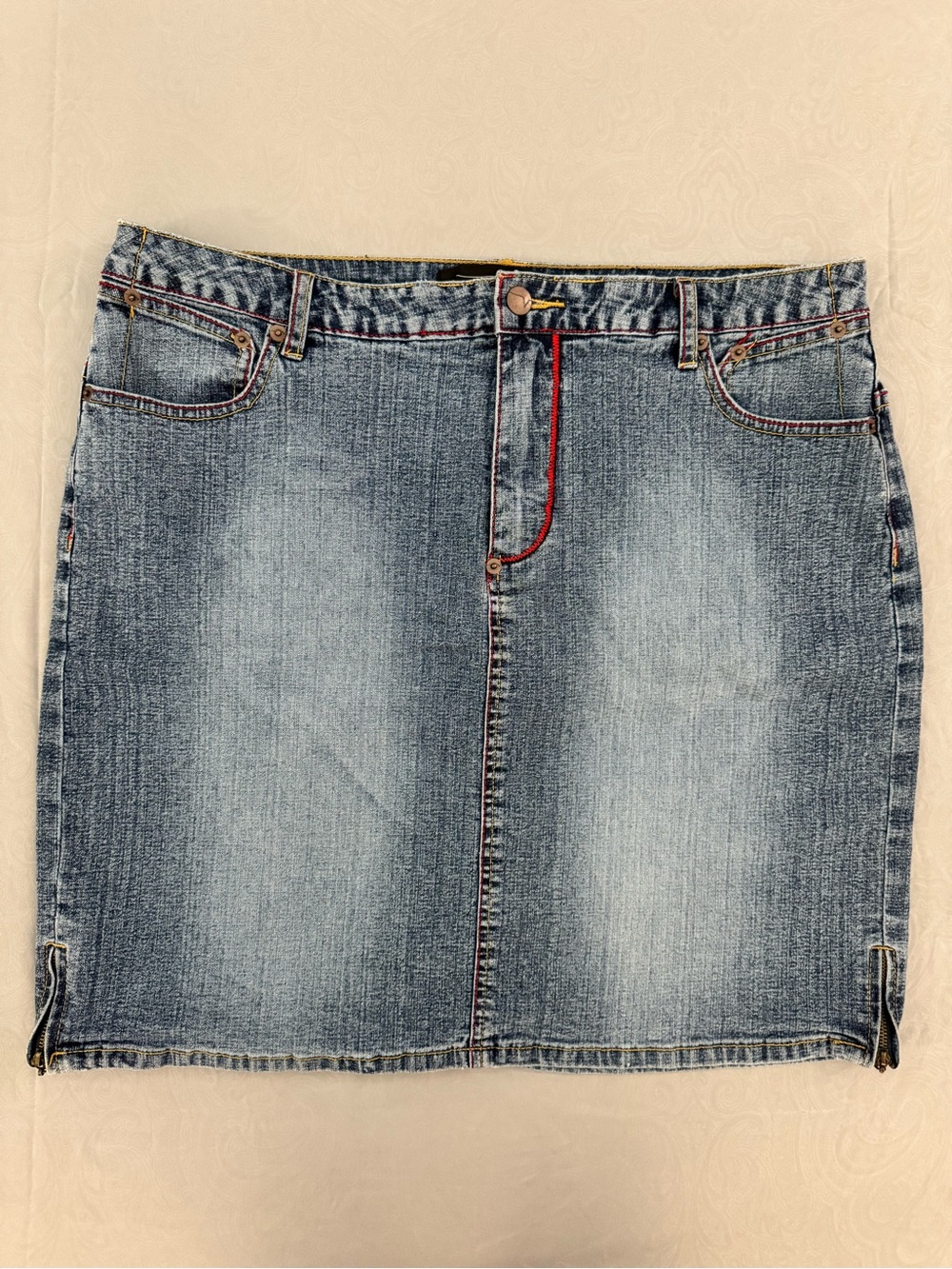 Venezia Light Blue Washed Denim Mini Skirt with Red Stitch Accents
